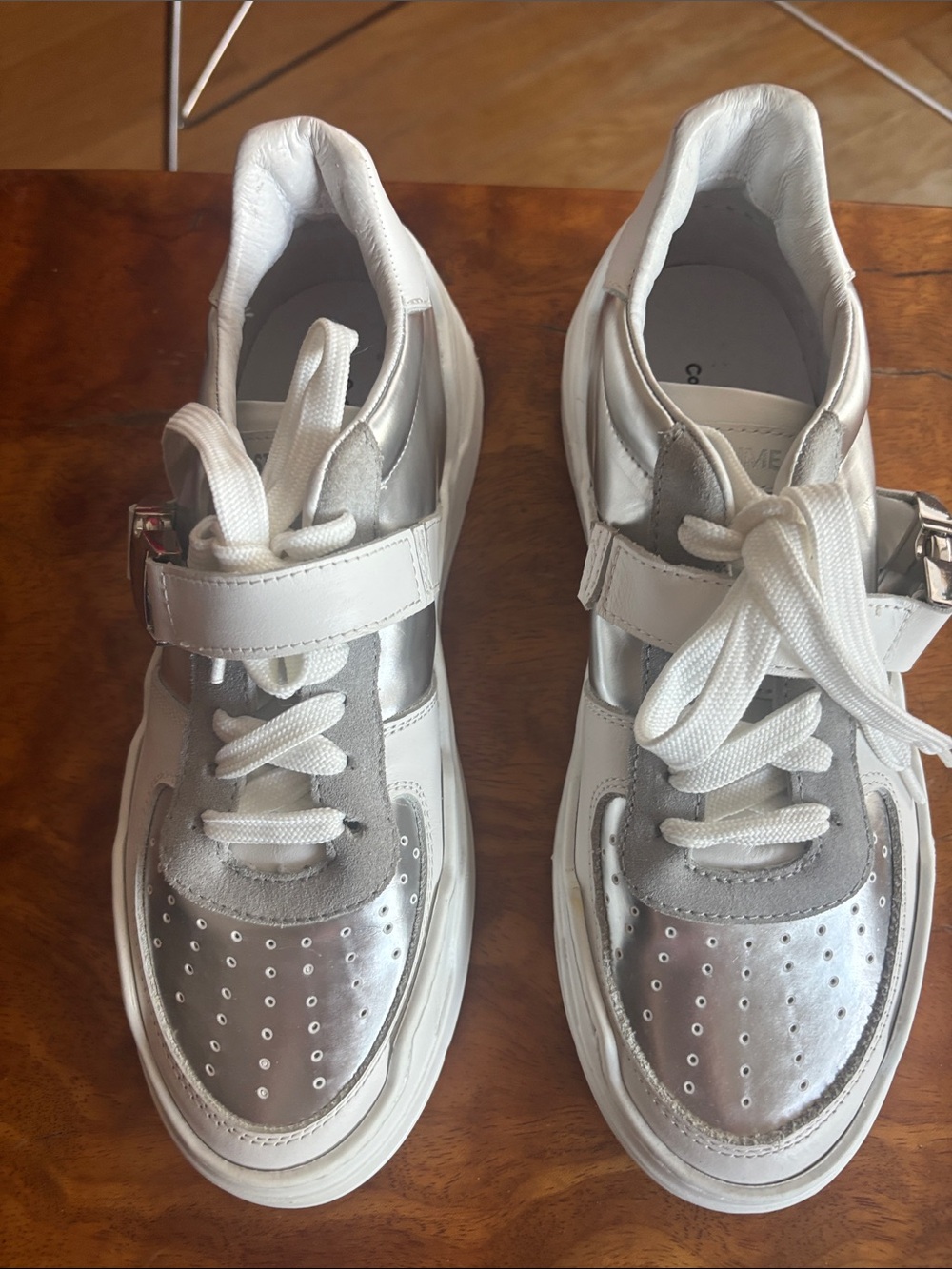 New Costume National Silver Metallic Lace-Up Sneakers. Size 38. No box